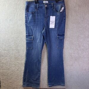 Vanilla Star Cargo Bootcut Jeans Women 14W (33x32) Blue Denim Mid Rise Flare NEW